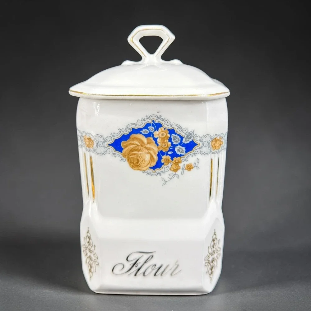 Victoria China Czechoslovakia Flour Canister Vintage Porcelain Blue Gold Rose